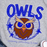Harmony Elementary Owls  - You Choose The Shirt Style - Gray