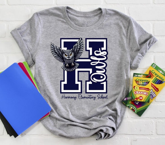Harmony Elementary Owls  - You Choose The Shirt Style - Gray