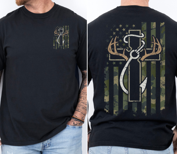 Hunting/Fishing Cross  - Youth & Adult Sizes - You Choose The Shirt Style - Shirt Color Is Black