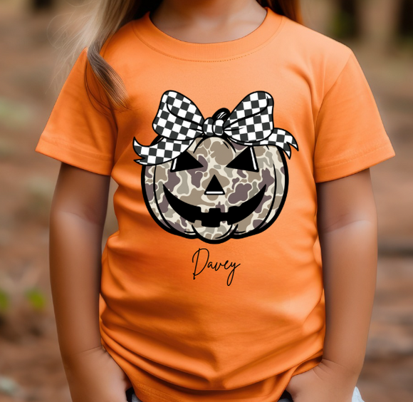 Camo Pumpkin - Boy or Girl  - You Choose The Shirt Style - Shirt is Orange