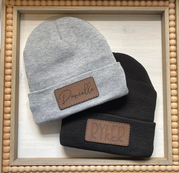 Custom Leather Patch Name Sherpa Lined Beanie