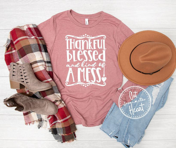 Thankful Blessed And A Little Bit Of A Mess, Long Sleeve T-shirt For Mom, Gift For Mom, Thanksgiving Shirt, Fall Shirt For Her, Fall T-shirt